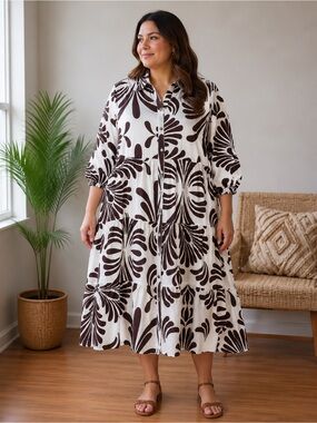 Mlle Gabrielle White Midi Dress with Brown Floral Print